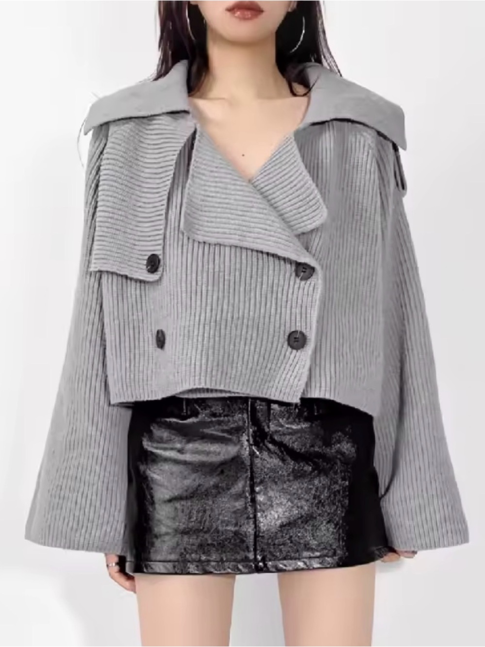fab'rik Light Grey Ribbed Knit Cropped Cardigan Jacket